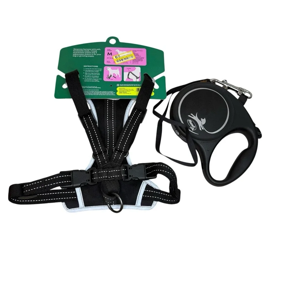 Boots and Barkley Medium Black Reflective Dog Harness And Retractable Leash Set